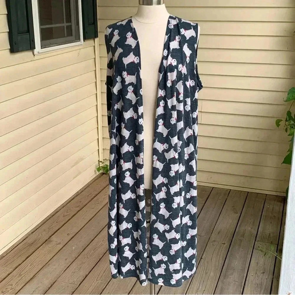 LuLaRoe Joy Sleeveless Sweater Duster Kimono Dog Print L Scottie Terrier Dogs - Picture 2 of 7